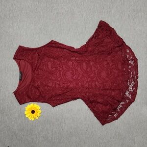 Y2K Scobe Wine Red Sheer Lacey Fit & Flare Peplum Blouse Tank Top Shirt
